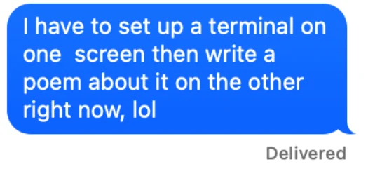 Text message about writing a poem while setting up a terminal