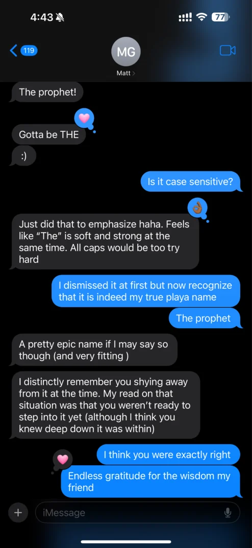Text-message exchange about the playa name The Prophet